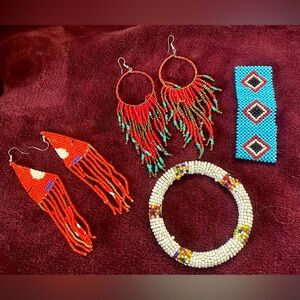 Vibrant Hand Beaded Earrings & Bangle & Cuff Set - Red, Light Blue, White tribal